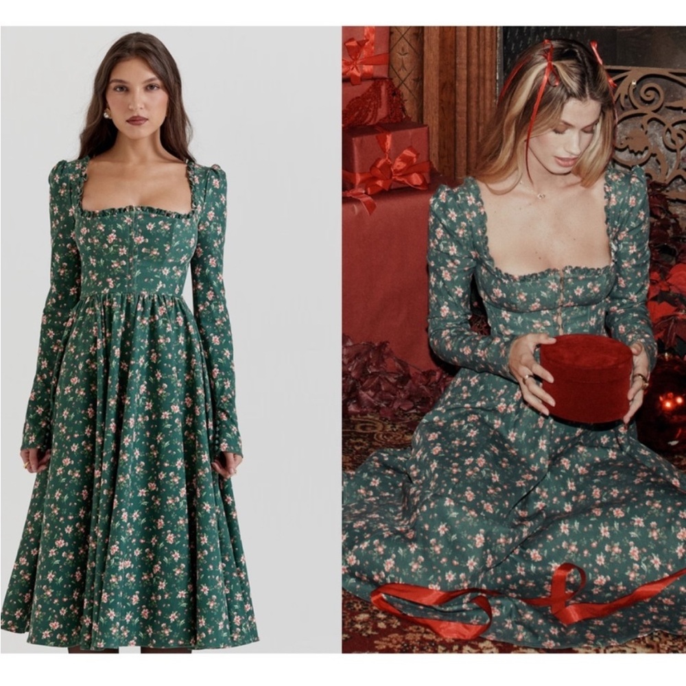 HOUSE OF CB 'Delia' Green Floral Print Midi Dress NWOT
